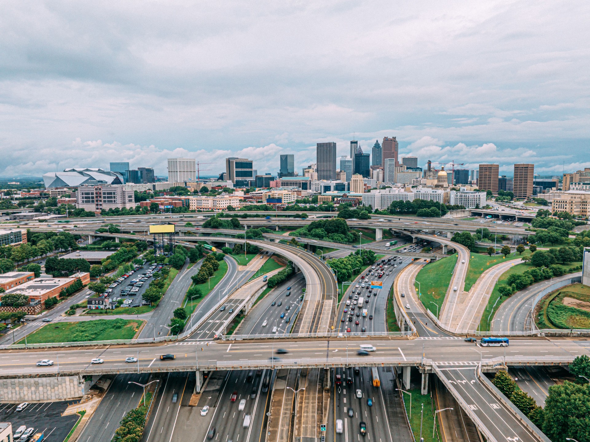 Elevated View of Traffic on Interstate I-20 / I-75 / I-85 Interchange in Atlanta, Georgia, USA in Summer